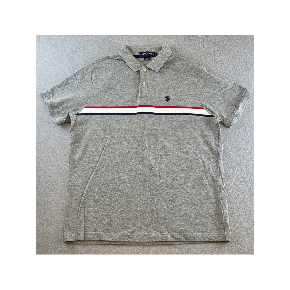 US Polo Assn Gray Short Sleeve Chest Stripe Red White Blue Polo Shirt Mens Large